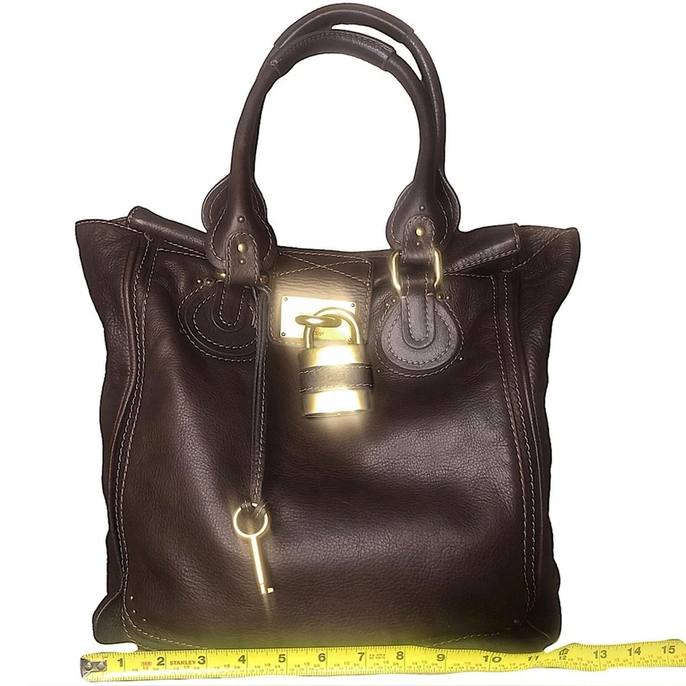 M CHLOE Paddington Dark Brown Leather Laptop Tote Bag with Lock and Key Unisex